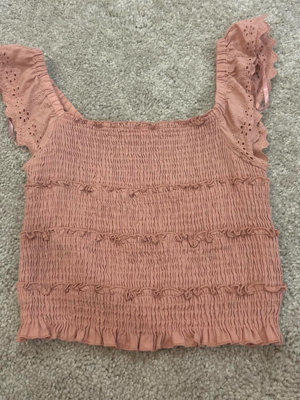 Smocked Mauve Ruffle Sleeve Top with Eyelets
